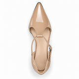Beige gloss T-strap heels with wide strap, silver buckle and 5 cm flared heel, top view — ECADRA