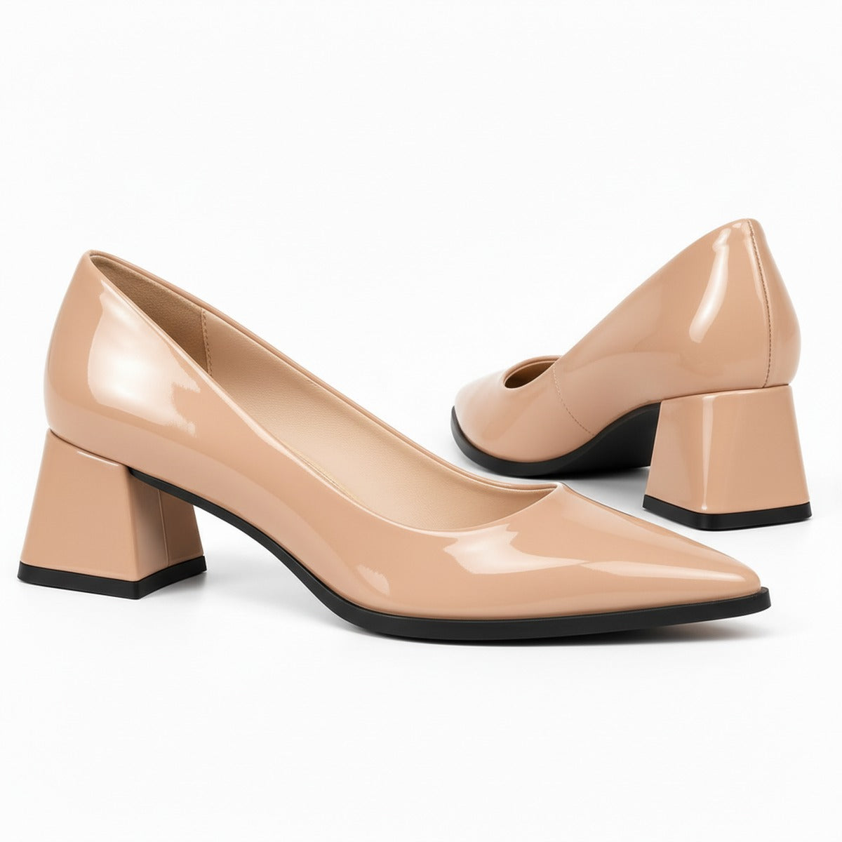 Beige gloss pointed pump with low 5 cm flared block heel, the pair — ECADRA