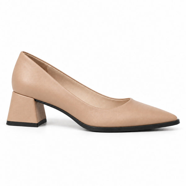Beige matte pointed pump with low 5 cm flared block heel, side view — ECADRA