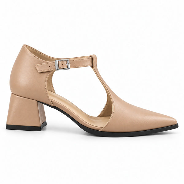 Beige matte T-strap heels with wide strap, silver buckle and 5 cm flared heel, side view — ECADRA