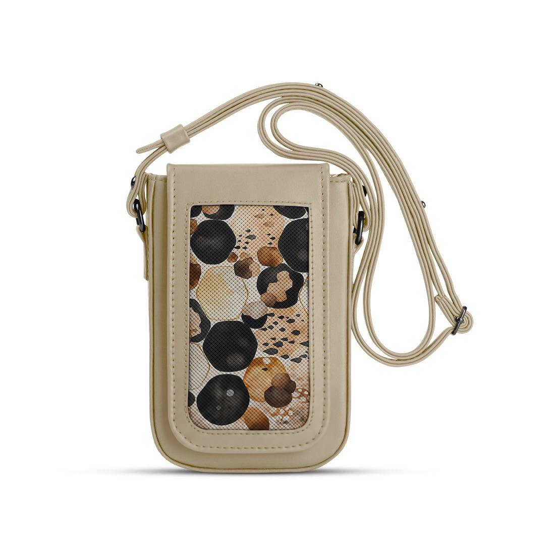 Beige Tagged Crossbag Circles – شنطة كروس للموبايل مرسوم عليها رسمة أبستراكت – ECADRA