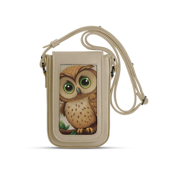 Beige Tagged Crossbag Owl – شنطة كروس للموبايل مرسوم عليها بومة – ECADRA