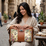 A brown leather-style tote bag with panels featuring a fairytale illustration of a princess and knight in a garden with roses and birds in cages.