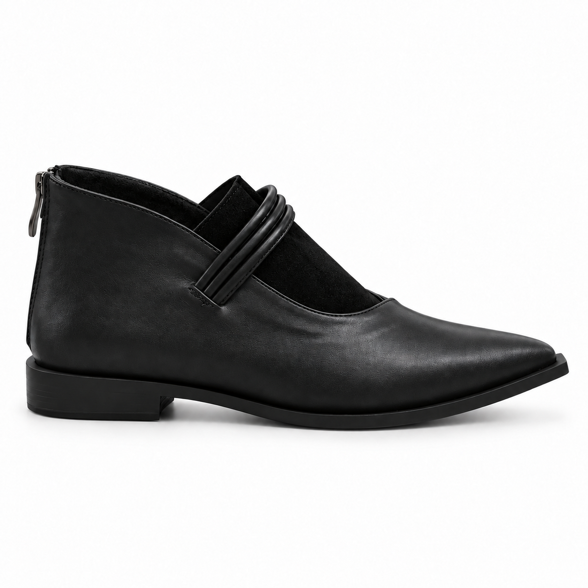Black on Black pointed-toe ankle boots with three coiled straps — side view — ECADRA