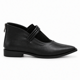 Black on Black pointed-toe ankle boots with three coiled straps — side view — ECADRA