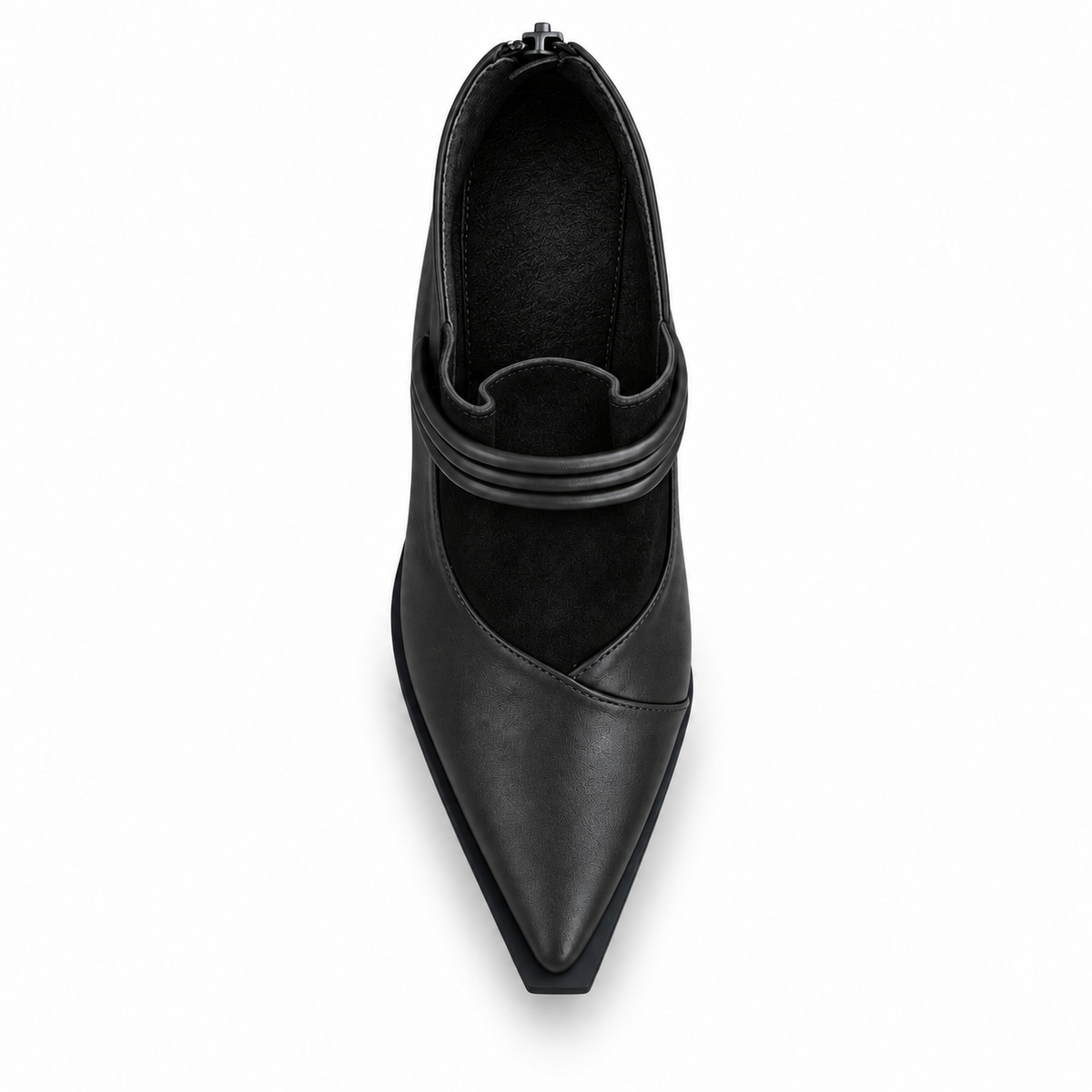 Black on Black pointed-toe ankle boots with three coiled straps — top view — ECADRA