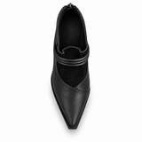 Black on Black pointed-toe ankle boots with three coiled straps — top view — ECADRA
