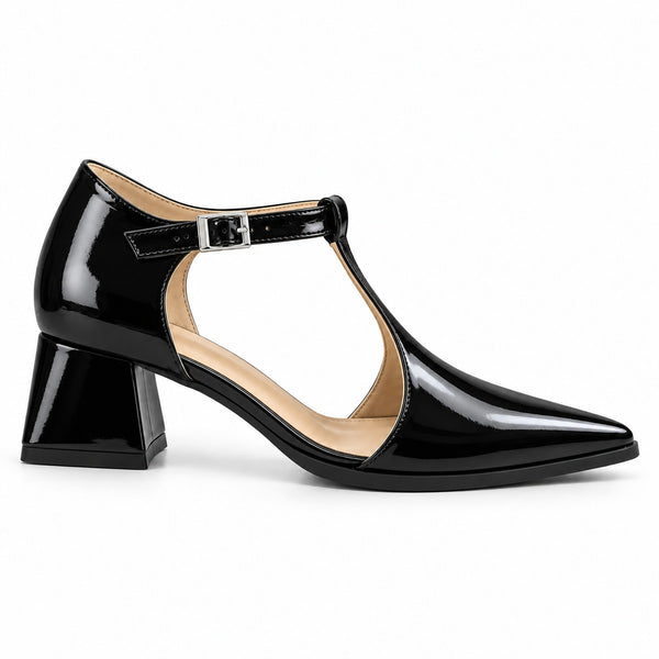 Black gloss T-strap heels with wide strap, silver buckle and 5 cm flared heel, side view — ECADRA