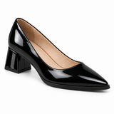 Black gloss pointed pump with low 5 cm flared block heel, front three-quarter view — ECADRA