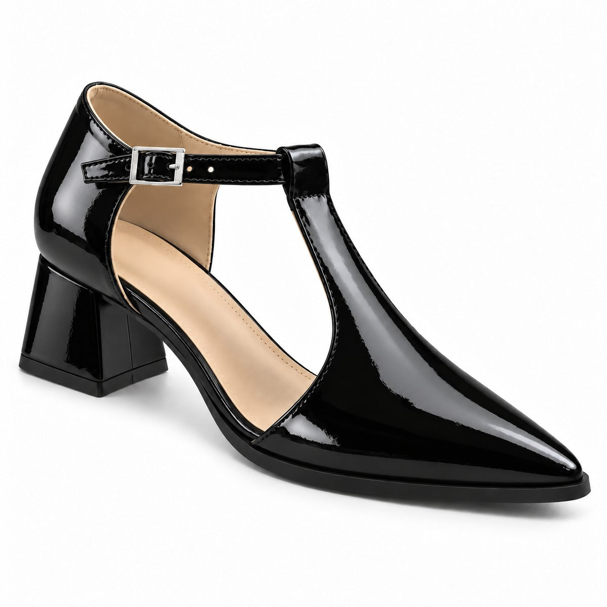 Black gloss T-strap heels with wide strap, silver buckle and 5 cm flared heel, front three-quarter view — ECADRA