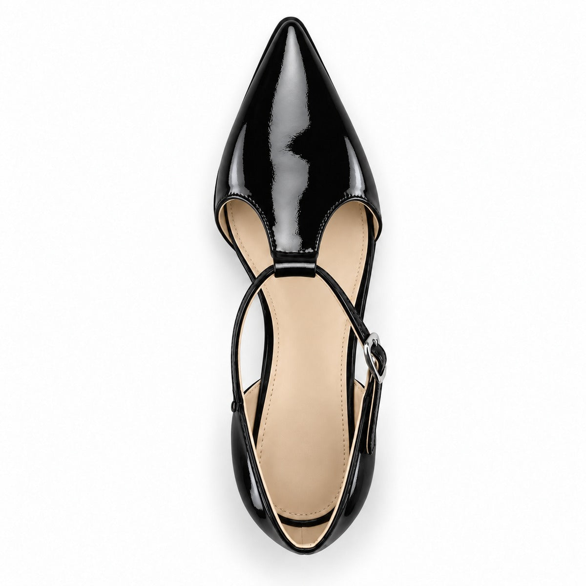 Black gloss T-strap heels with wide strap, silver buckle and 5 cm flared heel, top view — ECADRA