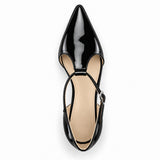 Black gloss T-strap heels with wide strap, silver buckle and 5 cm flared heel, top view — ECADRA