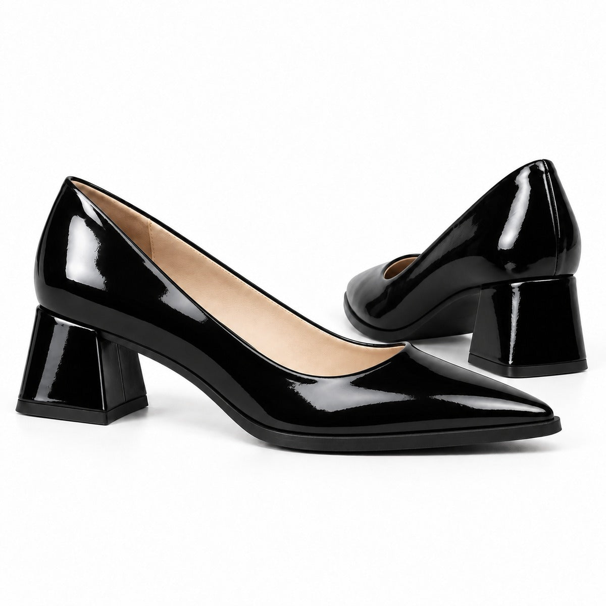 Black gloss pointed pump with low 5 cm flared block heel, the pair — ECADRA