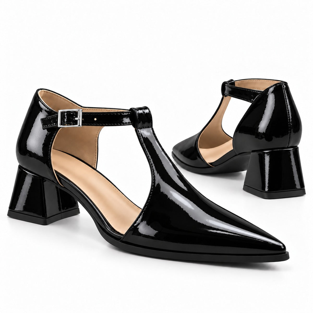 Black gloss T-strap heels with wide strap, silver buckle and 5 cm flared heel, the pair — ECADRA