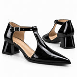 Black gloss T-strap heels with wide strap, silver buckle and 5 cm flared heel, the pair — ECADRA