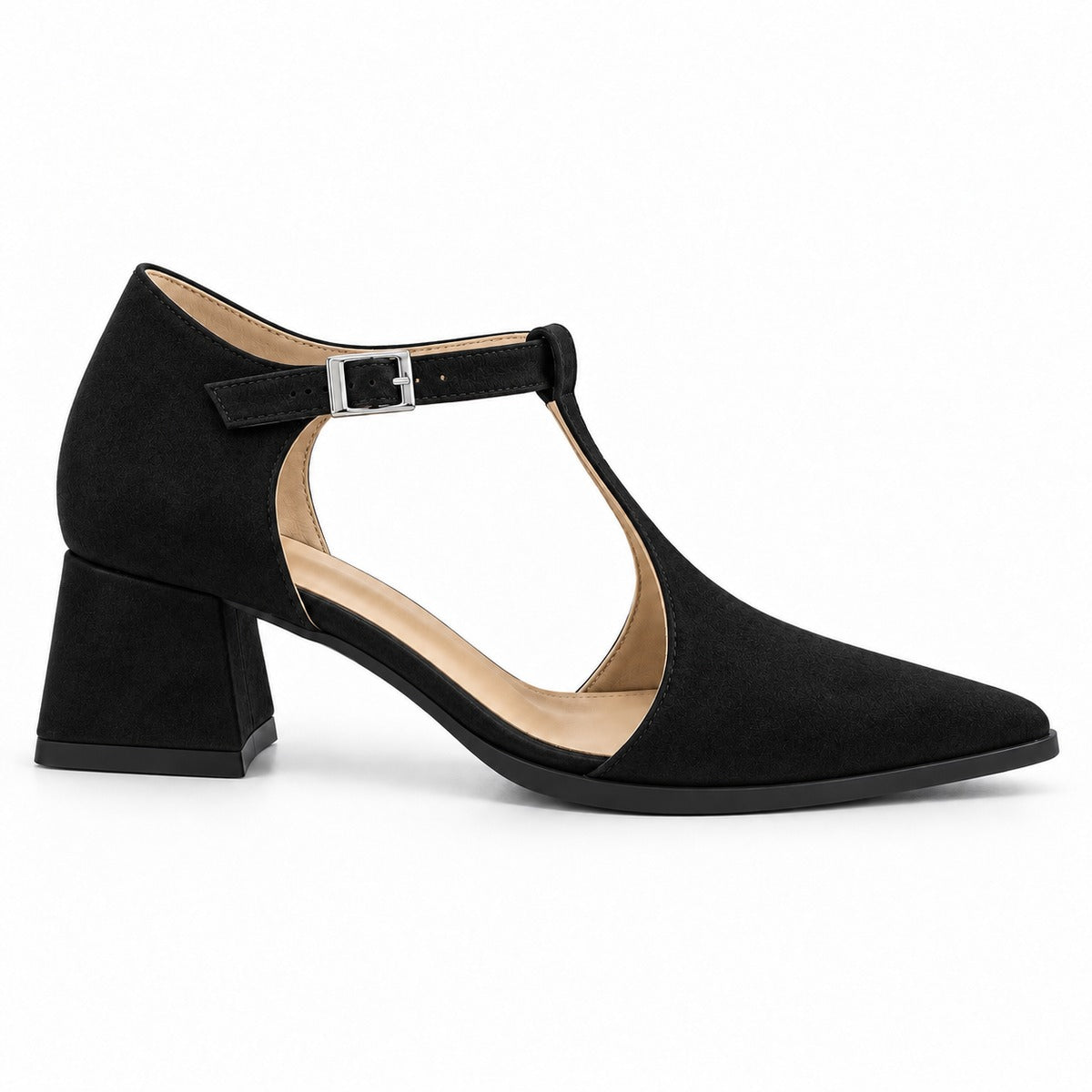 Black suede T-strap heels with wide strap, silver buckle and 5 cm flared heel, side view — ECADRA
