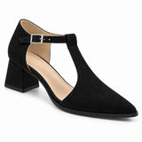 Black suede T-strap heels with wide strap, silver buckle and 5 cm flared heel, front three-quarter view — ECADRA