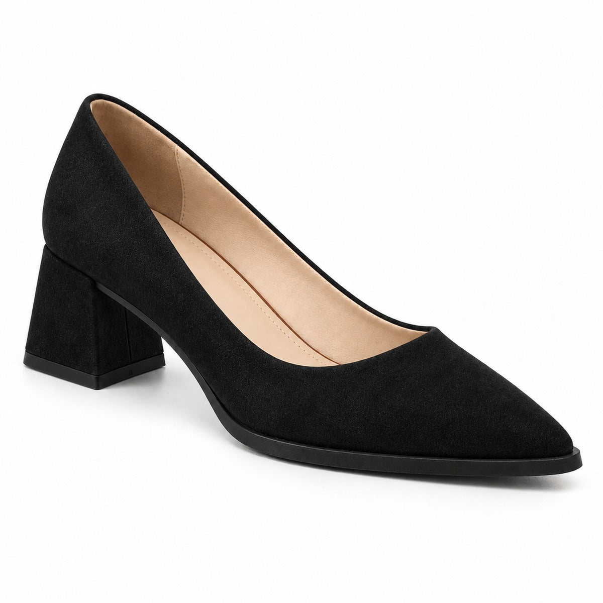 Black suede pointed pump with low 5 cm flared block heel, front three-quarter view — ECADRA