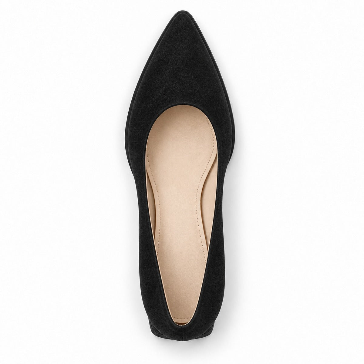 Black suede pointed pump with low 5 cm flared block heel, top view — ECADRA