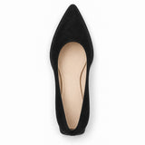 Black suede pointed pump with low 5 cm flared block heel, top view — ECADRA