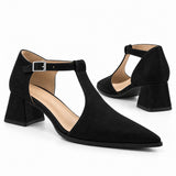 Black suede T-strap heels with wide strap, silver buckle and 5 cm flared heel, the pair — ECADRA