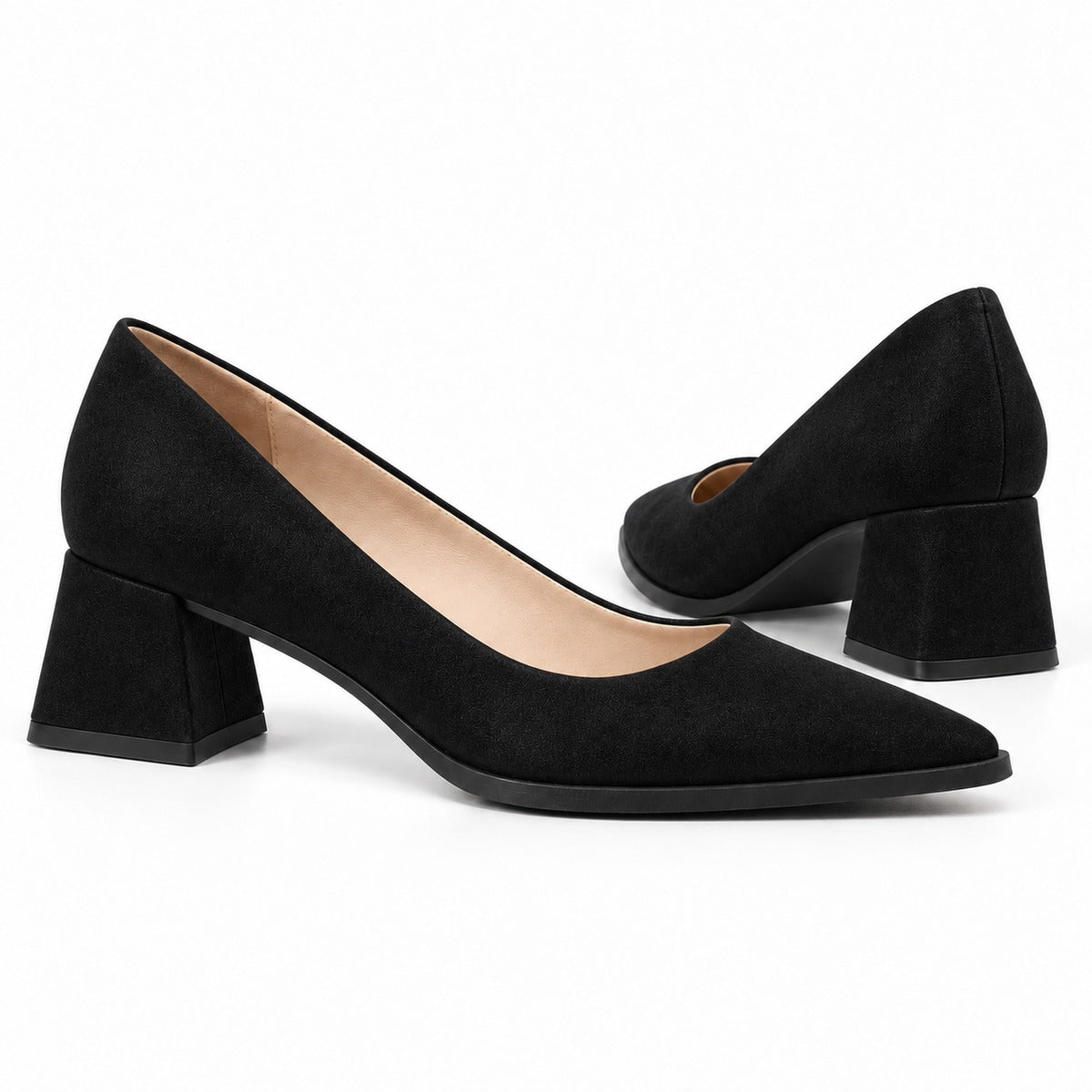 Black suede pointed pump with low 5 cm flared block heel, the pair — ECADRA