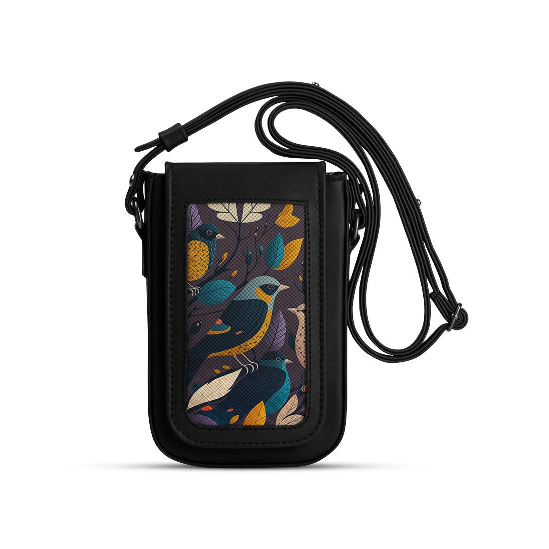 Black Tagged Crossbag Birds – شنطة كروس للموبايل مرسوم عليها عصافير – ECADRA