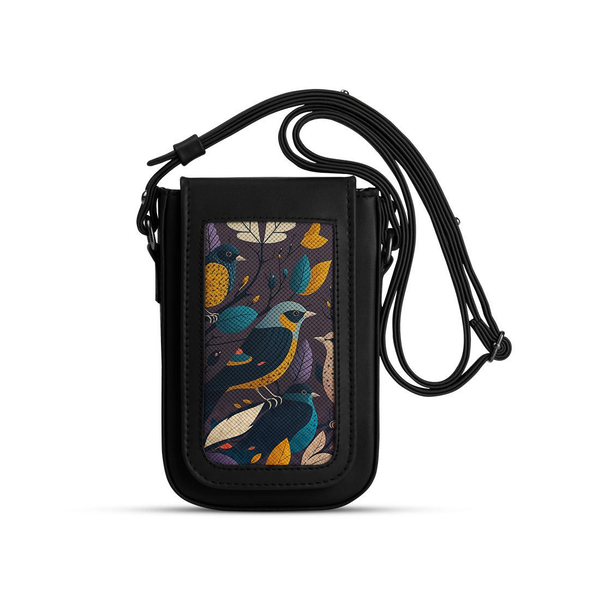 Black Tagged Crossbag Birds – شنطة كروس للموبايل مرسوم عليها عصافير – ECADRA