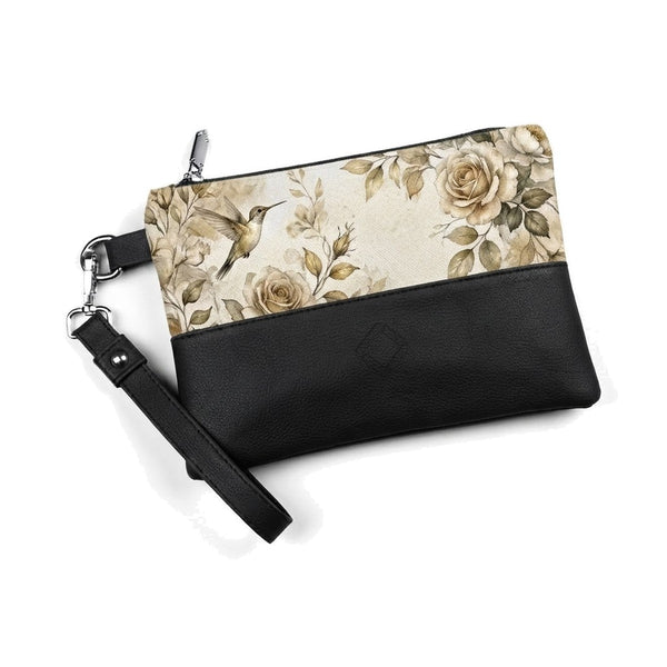 Black Toiletry Pouch Soft Floral Aesthetic Vintage Watercolor Hummingbird Pattern – شنطة ميكب صغيرة مرسوم عليها ورد – ECADRA