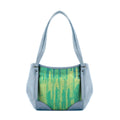 Blue Leather Tote Bag Green Lines