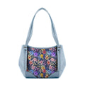Blue Leather Tote Bag Purple Floral
