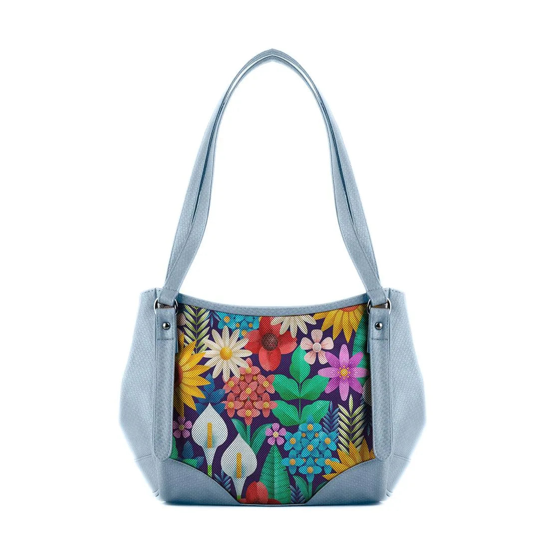Blue Leather Tote Bag Standing Flowers - CANVAEGYPT