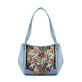 Blue Leather Tote Bag Tropical Flowers