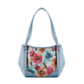Blue Leather Tote Bag White Floral