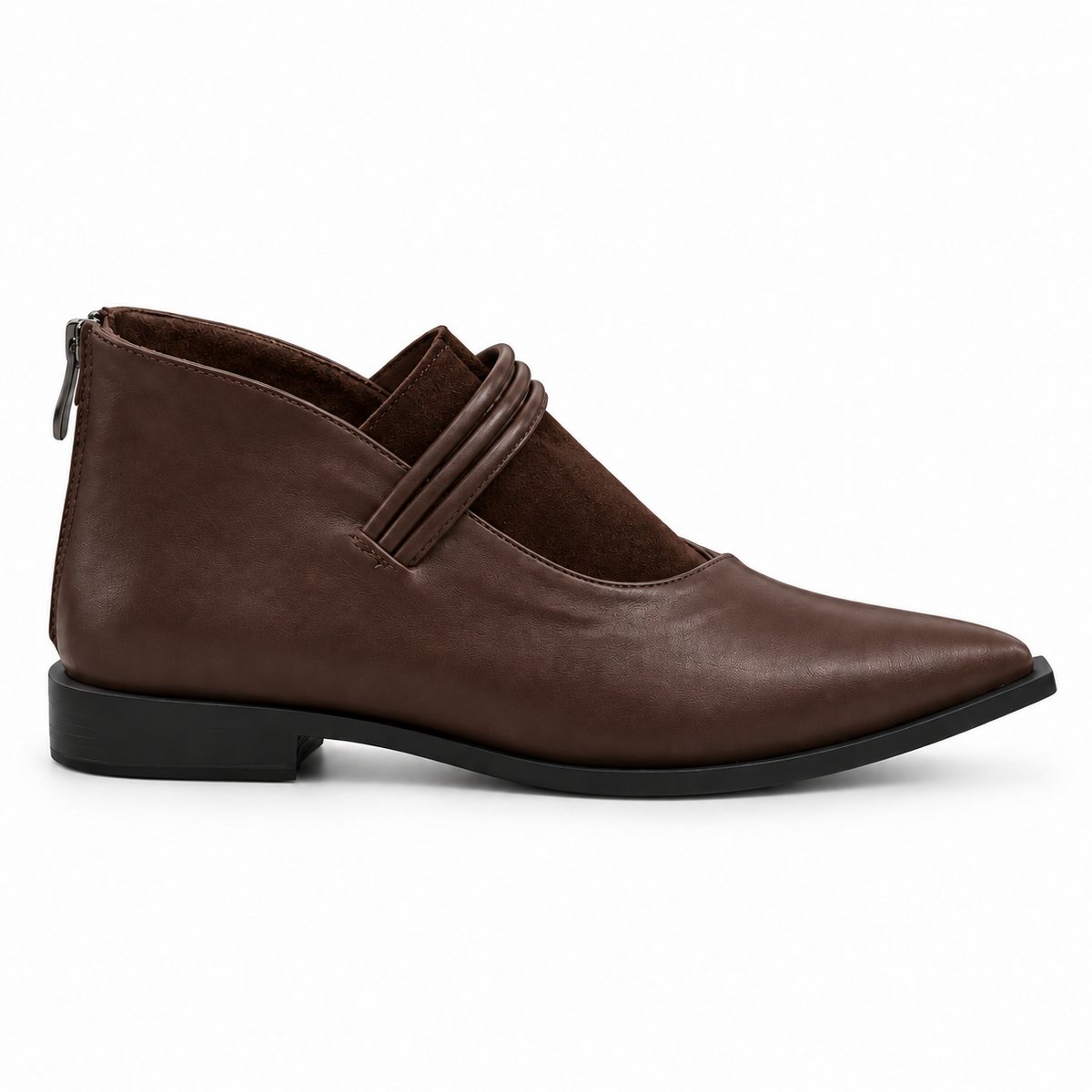 Brown pointed-toe ankle boots with three coiled straps — side view — ECADRA