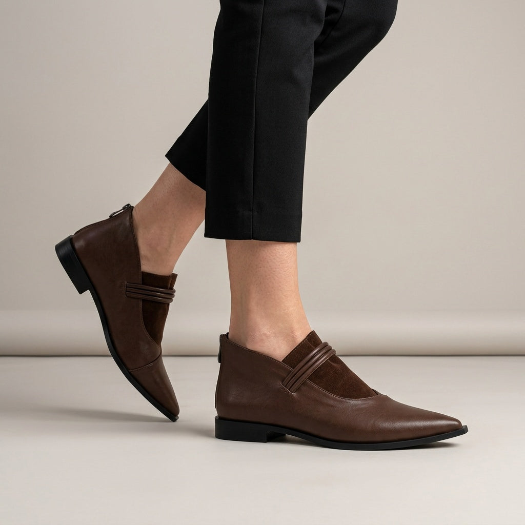 Brown Coil Strap ankle boots on foot — worn, side view — pointed toe, three coiled straps — ECADRA