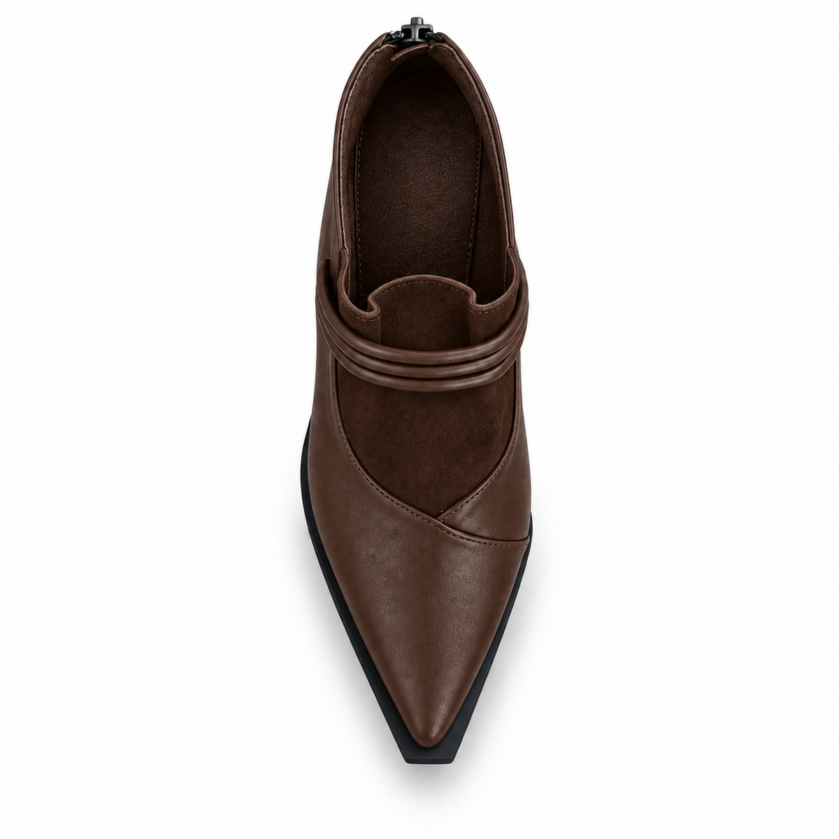 Brown pointed-toe ankle boots with three coiled straps — top view — ECADRA