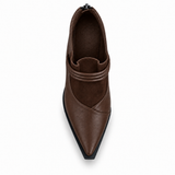 Brown pointed-toe ankle boots with three coiled straps — top view — ECADRA
