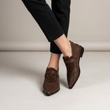 Brown Coil Strap ankle boots on foot — worn, feet crossed — pointed toe, three coiled straps — ECADRA