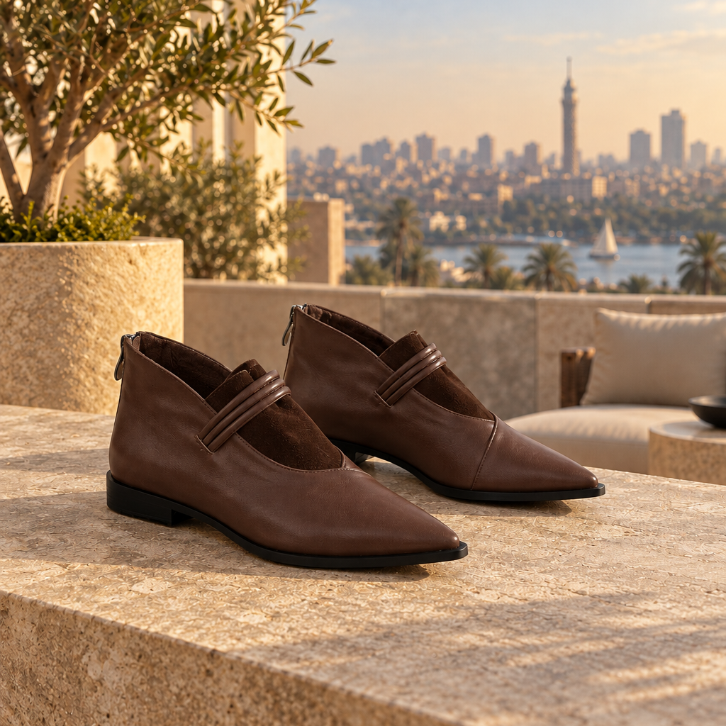 Brown pointed-toe ankle boots with three coiled straps — pair on a Zamalek rooftop — ECADRA