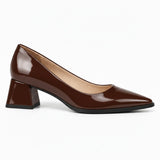 Brown gloss pointed pump with low 5 cm flared block heel, side view — ECADRA