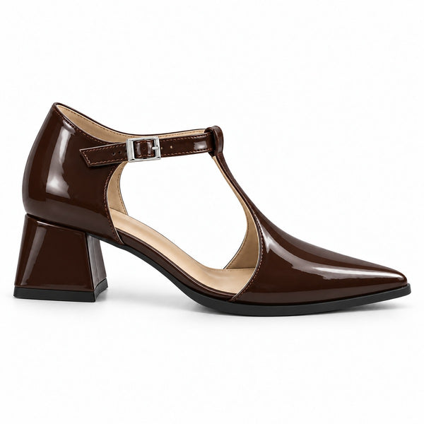 Brown gloss T-strap heels with wide strap, silver buckle and 5 cm flared heel, side view — ECADRA