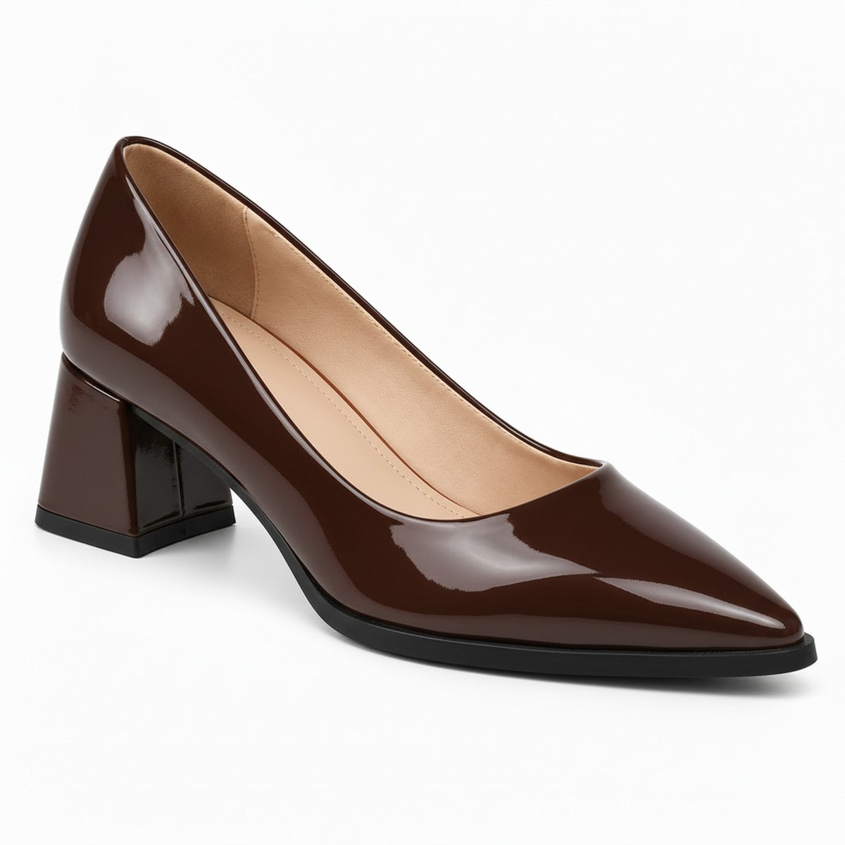 Brown gloss pointed pump with low 5 cm flared block heel, front three-quarter view — ECADRA