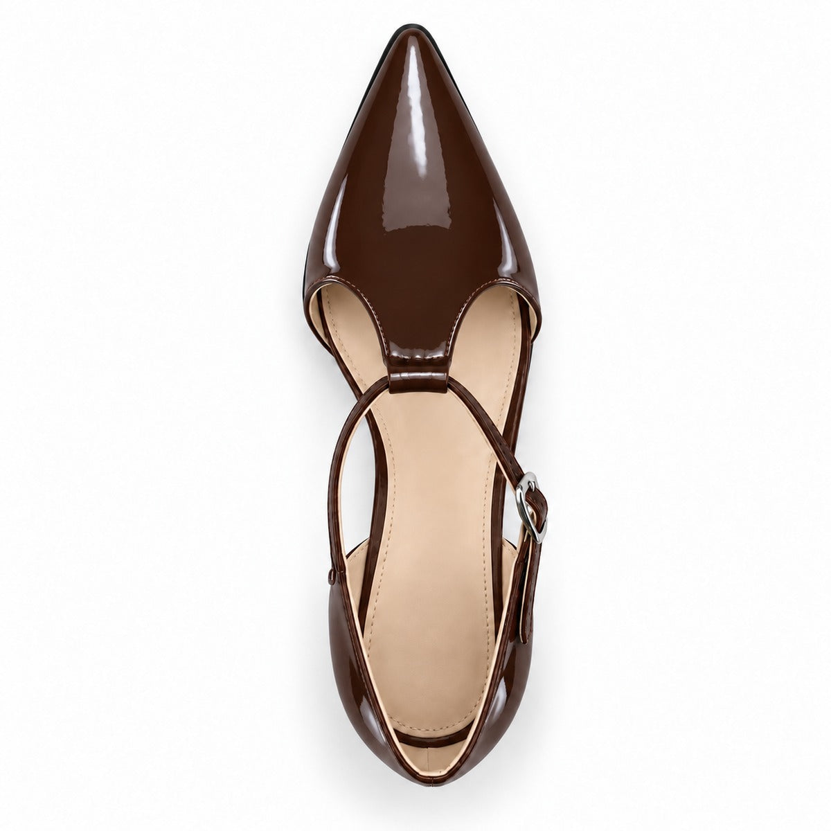 Brown gloss T-strap heels with wide strap, silver buckle and 5 cm flared heel, top view — ECADRA