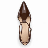 Brown gloss T-strap heels with wide strap, silver buckle and 5 cm flared heel, top view — ECADRA