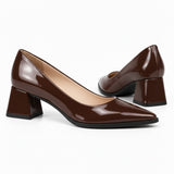 Brown gloss pointed pump with low 5 cm flared block heel, the pair — ECADRA
