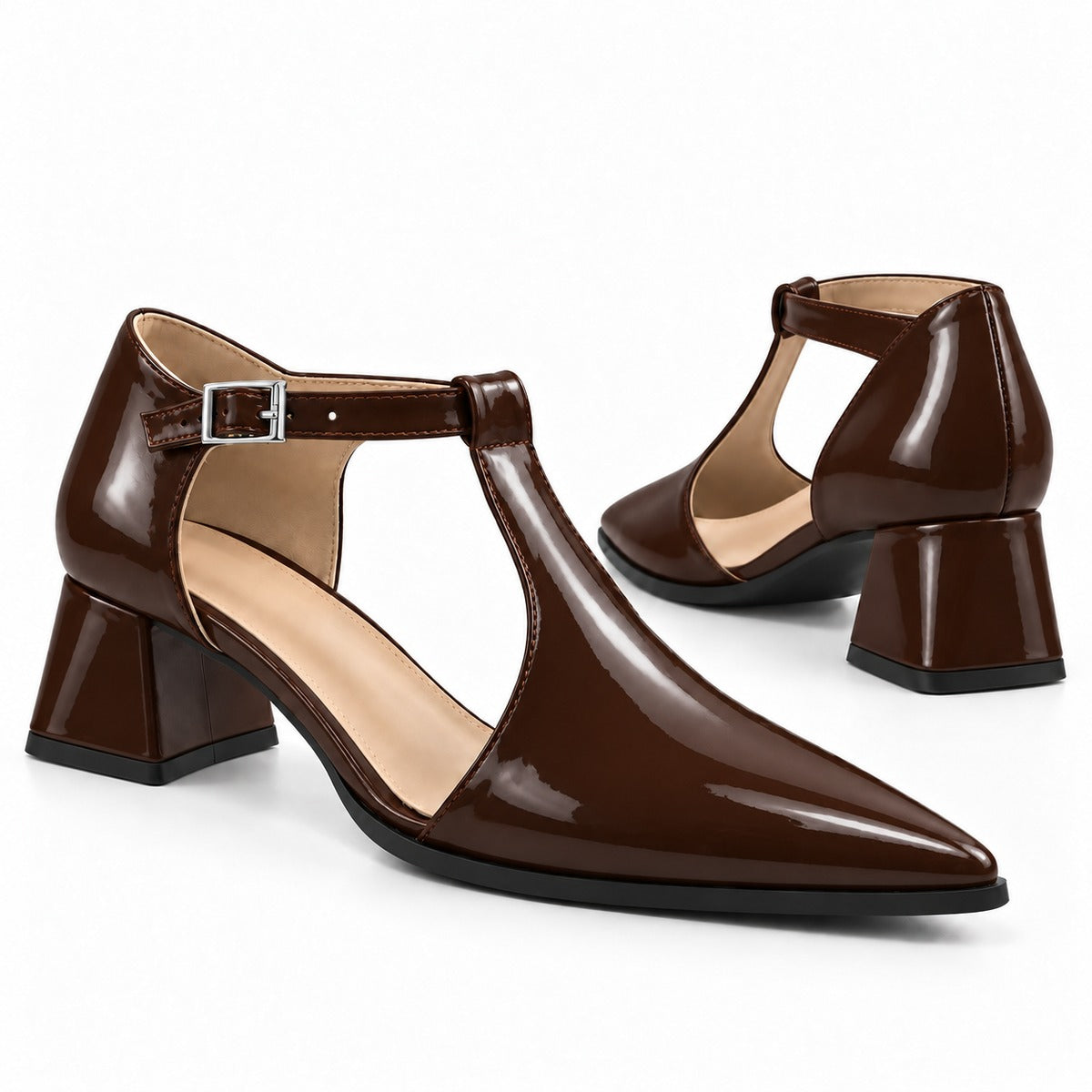 Brown gloss T-strap heels with wide strap, silver buckle and 5 cm flared heel, the pair — ECADRA
