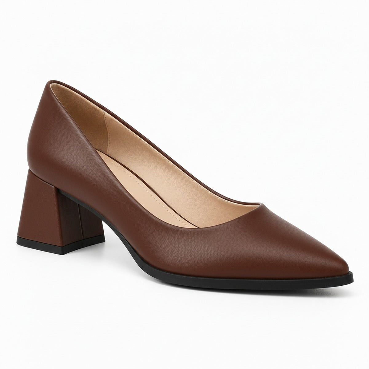 Brown matte pointed pump with low 5 cm flared block heel, front three-quarter view — ECADRA