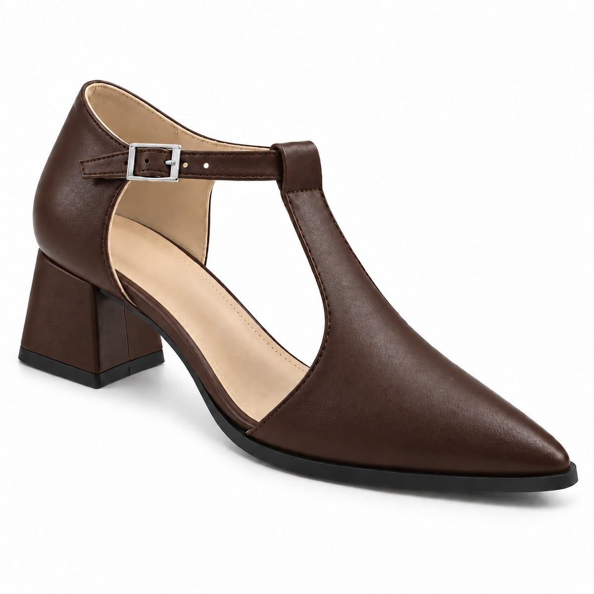Brown matte T-strap heels with wide strap, silver buckle and 5 cm flared heel, front three-quarter view — ECADRA