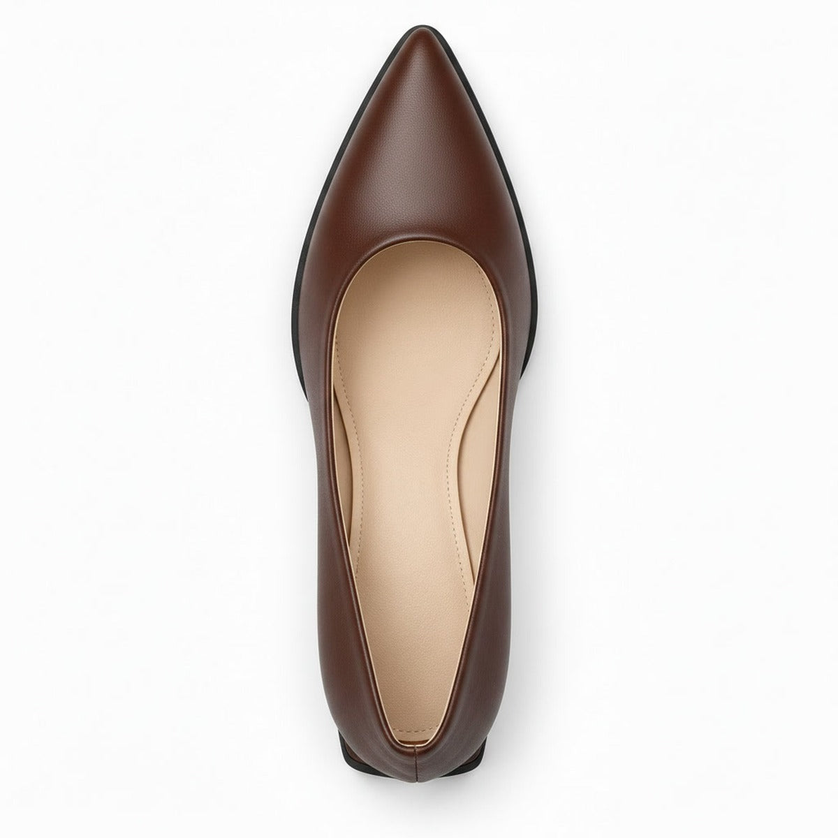 Brown matte pointed pump with low 5 cm flared block heel, top view — ECADRA